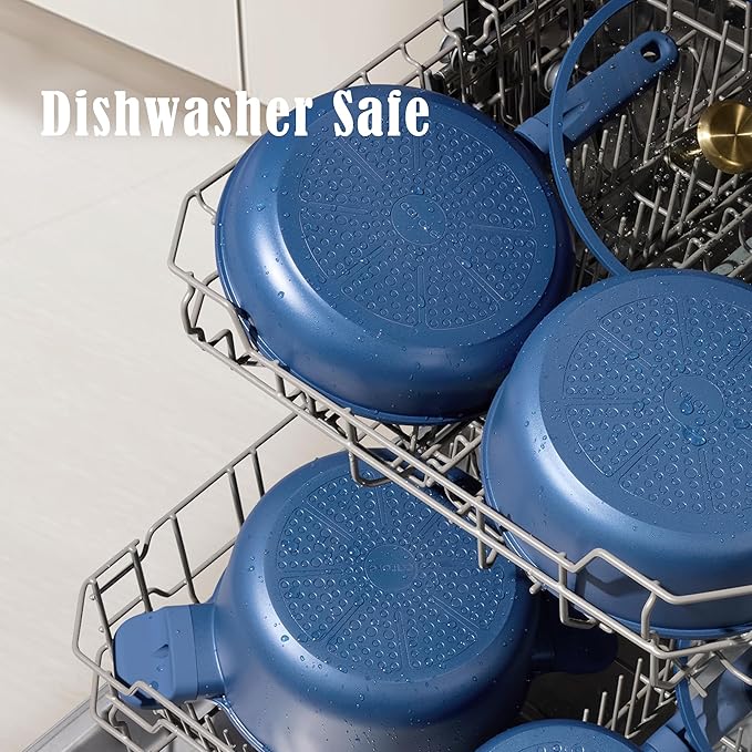 CAROTE Ceramic Cookwar Set Pots and Pan Set Non Stick 18 Piece Cookware Set Kitchen Cooking Set Non Toxic PFAS PTFE Free Blue