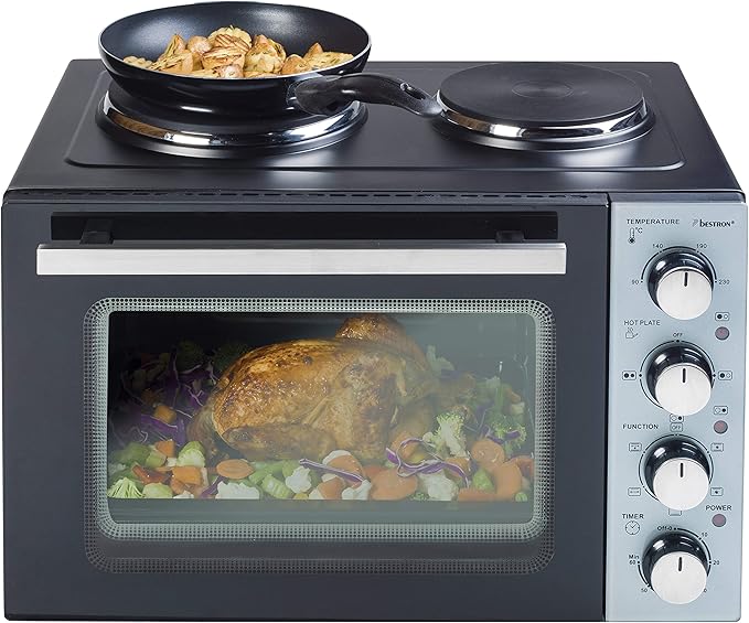 Bestron AOV31CP Small Kitchen Mini Oven with Double Hob Top/Bottom Heat with Convection Air up to 230 ° C 3200 Watt Black