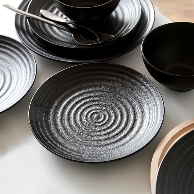 Melamine Dinnerware Sets for 4 12Pcs Plates and Bowls Sets with Modern style Lightweight and Unbreakable Dish Set for Camping RV and BBQ Dishwasher Safe BPA free(Black)