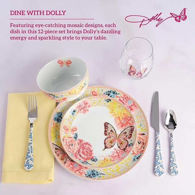 Dolly Parton 12 Piece Jeweled Mosaic Butterfly Dinnerware Set Porcelain Dinner Plates Salad Plates Bowls Service for 4 Microwave Dishwasher Safe