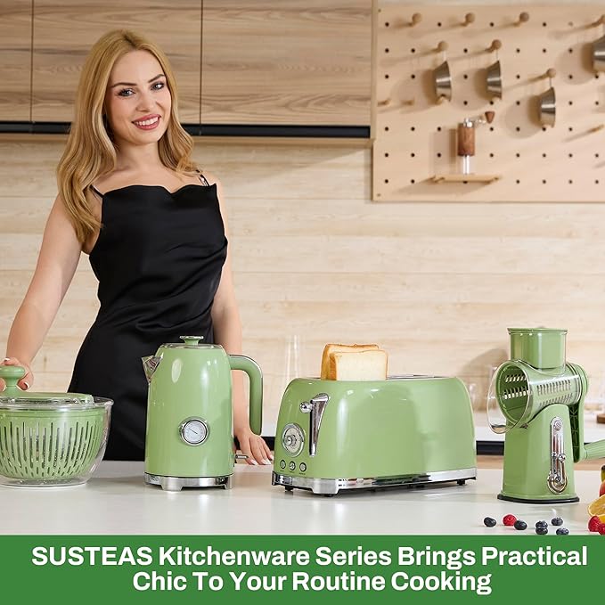 SUSTEAS Toaster 4 Slice Wide Slot Stainless Steel Bread Bagel Toasters Retro Long Slot Tostadora for Defrost Reheat Removable Crumb Tray 1500W 6 Browning Settings Green