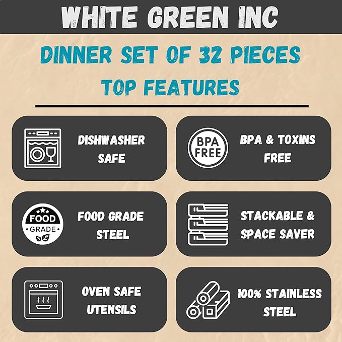 Stainless Steel Dinnerware Set of 32 Pcs (Dinner Plates Cups Dishes Bowls) Metal Dinnerware Sets Dishwasher Safe Reusable Dinner Set for Home Kitchen Camping - Service for 4
