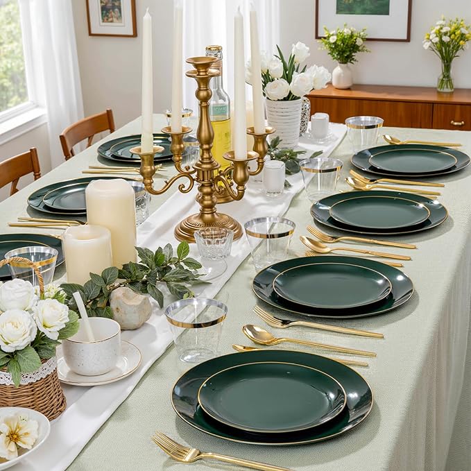 bUCLA 150PCS Green Plastic Plates - Green and Gold Disposable Include 25 Each (Dinner &amp Dessert) Plates 25 Knives 25 Forks 25 Spoons and 25 Cups Ideal for Party&ampChristmas