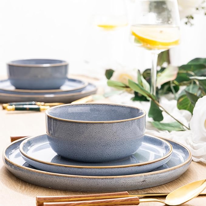 GBHOME Ceramic Dinnerware Sets for 4 12 Pieces Stoneware Plates and Bowls Sets Scratch Resistant Dishe Set for Dinner Dishwasher &amp Microwave Safe Brunnera Blue