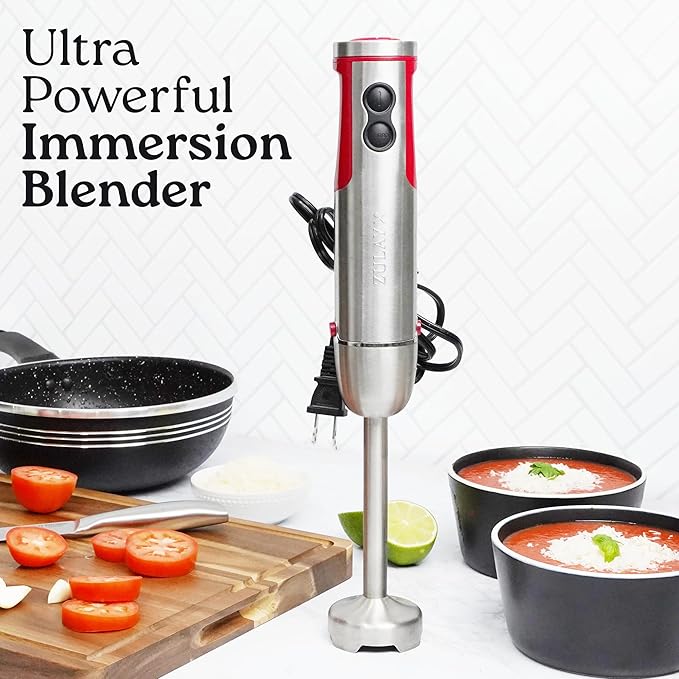 Zulay 4-in-1 Immersion Stick Mixer Hand Blender - 800 Watts 12 Speeds 5-ft Power Electric Cord Handheld Portable Stainless Steel Blades - With Whisk Frother &amp Stick Blender Attachments - Red