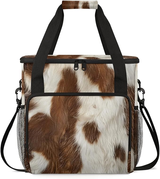 Cow Skin Brown And White Coffee Maker Carring Bag Large Insulated Storage Organizer Case Tote Bags with Shoulder Strap for Travel Work Picnic