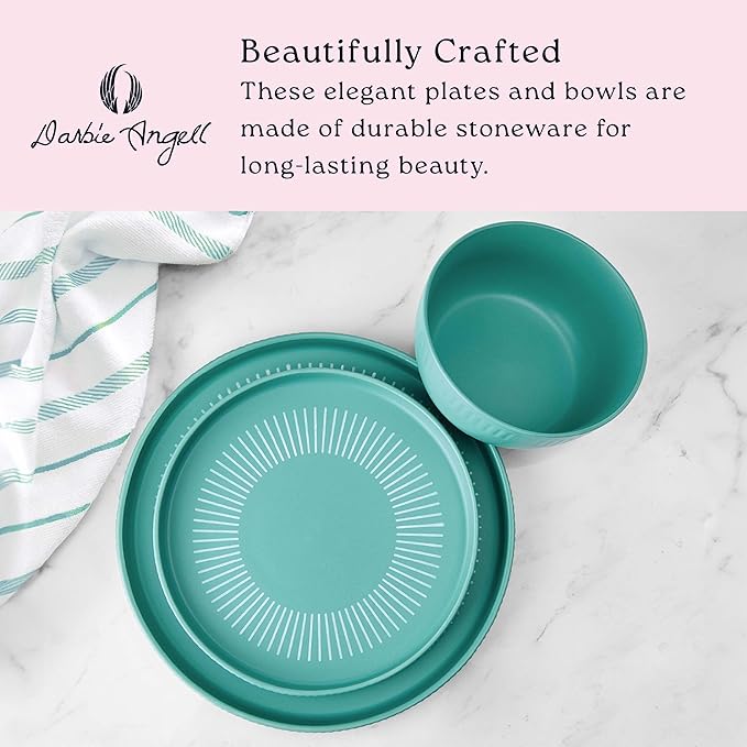 Darbie Angell Mod Teal 12 Piece Durable Stoneware Dinnerware Set Service for 4 Plate and Bowl Set with High Rims Modern Tableware