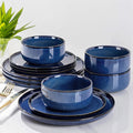 TheTerra Ceramic Dinnerware Sets for 4 12 Pieces Handmade Reactive Glaze Plates and Bowls Set Scratch Resistant Dish Set Oven &amp Microwave &amp Dishwasher Safe Blue
