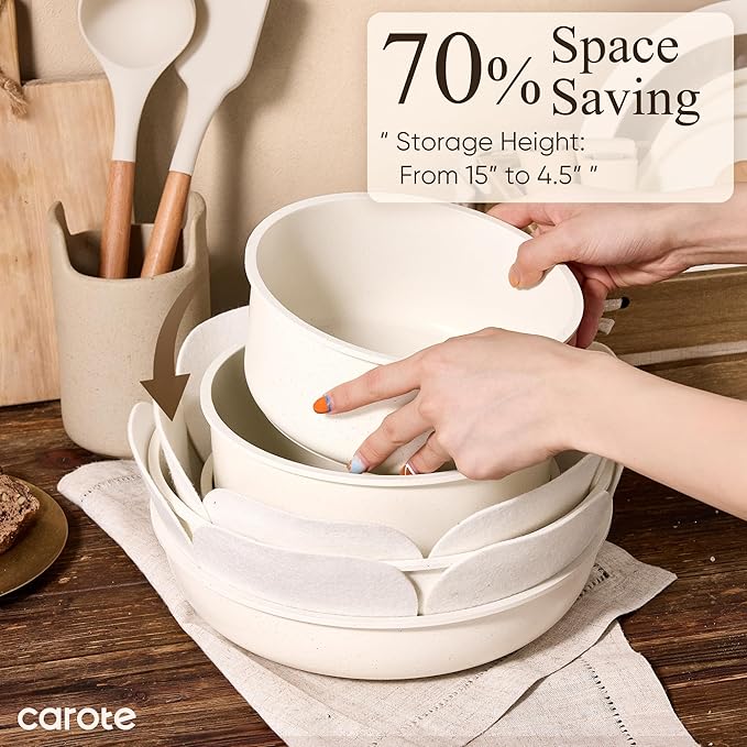 CAROTE Pots and Pans Set Non Stick Cookware Sets Kitchen Set Oven/Dishwasher/Fridge Safe Space Saving Pots Set Nonstick Set with Versatile Detachable Handle Induction RV Set Cream
