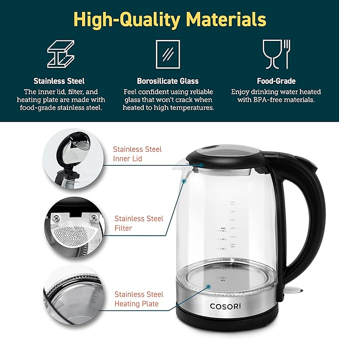 COSORI Pour Over Coffee Maker with Double-layer Stainless Steel Filter34 Ounce &amp Electric Kettle with Upgraded Stainless Steel Filter and Inner Lid Wide Opening Glass Tea Kettle1.7L Black