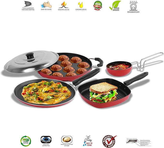 Sumeet 2.6mm Thick Non-Stick Marpo Cookware set (Dosa Tawa – 26.5cm Dia + Grill Appam Patra With Lid – 23cm Dia + Grill Appam Patra With Lid – 23cm Dia + Tadka Pan – 10cm Dia)