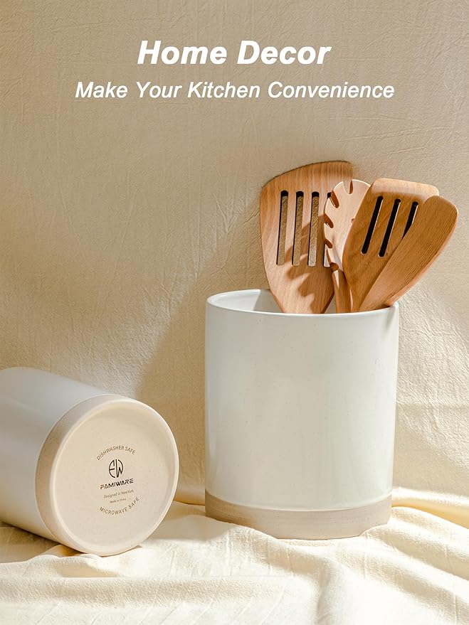 Famiware Mars Plates and Bowls Set of 12 and Milkyway Kitchen Utensil Holder for Countertop Set of 2 14 Pieces Dinnerware Sets White