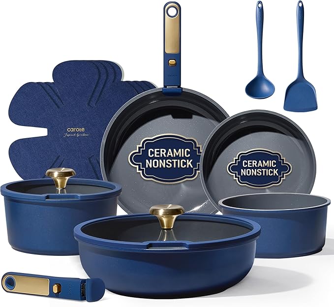 CAROTE Blue&ampGold Ceramic Cookware Set Non Toxic PFAS Free15Pcs Pots and Pans Set Non Stick Detachable/Removable HandleKitchen Cooking Set Dishwasher Safe Nonstick Pot and Pan Induction Cookwa