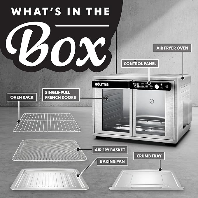 Gourmia French Door Air Fryer Oven - 37 Qt Large Capacity Convection Toaster Oven FryForce 360° Digital Display 12 Cooking Presets Dehydrate Fits 13” Pizza Dishwasher-Safe Stainless Steel