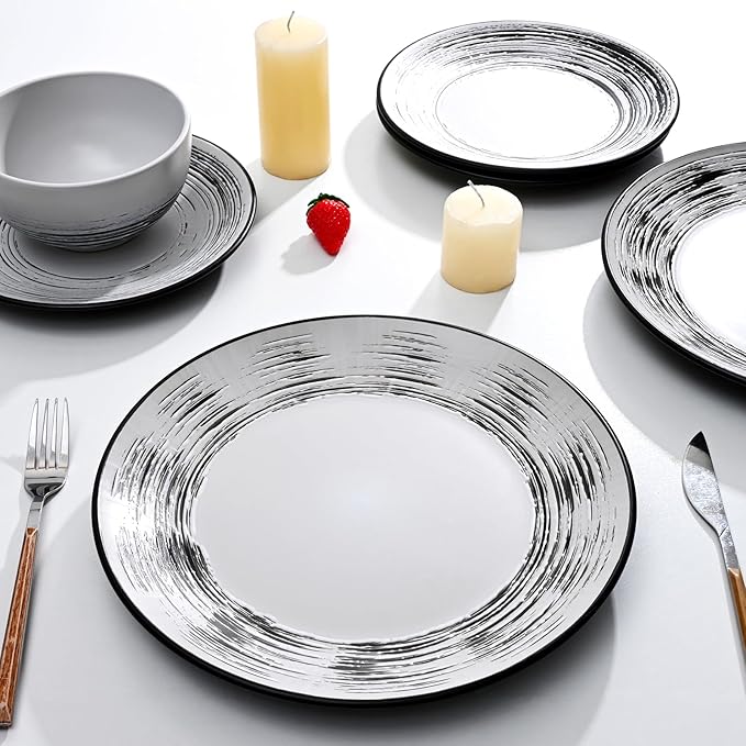 Homlouue 16 Pcs Stoneware Dinnerware Sets for 4 Porcelain Farmhouse Plates Bowls Mugs Set - Minimalist Chip Resistant Dish Set Microwave &amp Dishwasher Safe in White and Black Thread