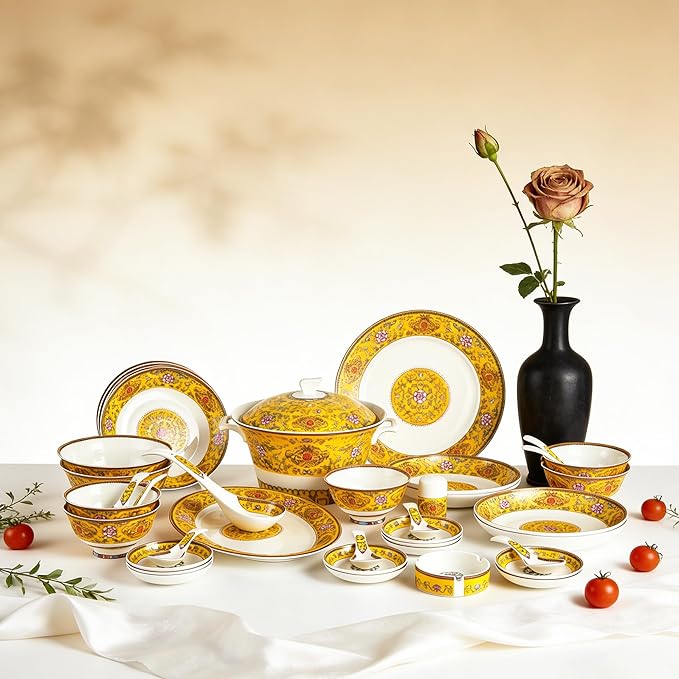 48 Piece Fine Bone China Dinnerware Set Royal Style Banquet Dinner Set Enamel Yellow
