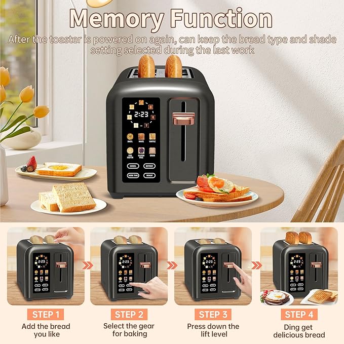 SEEDEEM Toaster 2 Slice Touch Control Stainless Toaster LCD Display 50% Faster Heating Speed 1.4'' Wide Slots More Timer Functions Removable Crumb Tray 1350W Dark Metallic