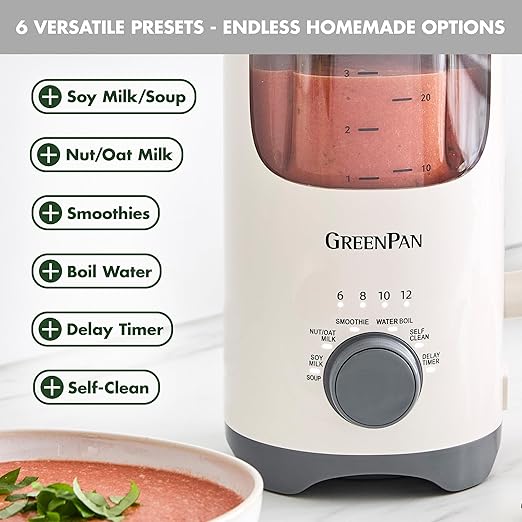 GreenPan Nut Milk Maker 15-in-1 Homemade Soy Almond Oat Coconut Non-Dairy Rice Soup Baby Food BPA-Free Smooth Creamy Texture Self Clean Barista Quality Milk Delay Start Boil Water Cream