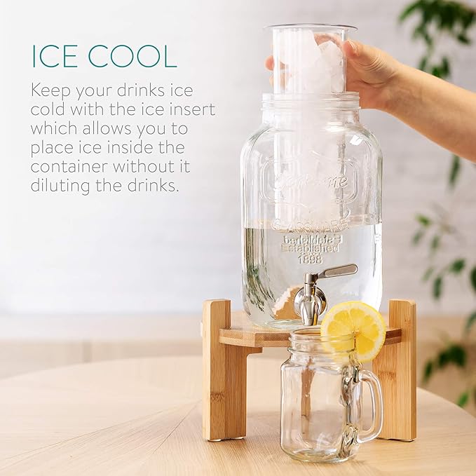 Navaris Glass Drink Dispenser with Spout - 4 L / 1 Gallon Mason Jar with Fruit &amp Ice Infuser - Beverage Fountain for Sweet Tea Punch Water Cocktail - Drinks Pitcher For Parties