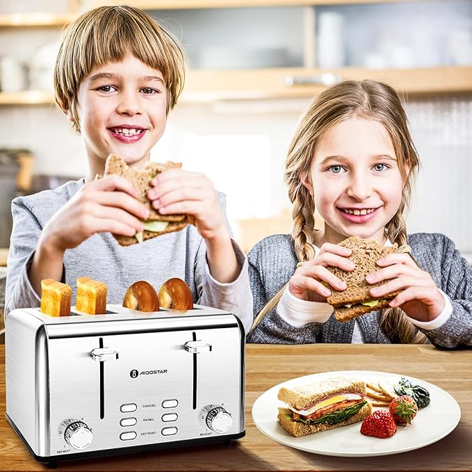 Aigostar Toaster 4 Slice 1.6 Wide Slot Stainless Steel Toasters with Bagel Reheat Cancel Defrost Function 6 Shade Settings Removable Crumb Tray 1550W Best Rated Prime 4 Slice Toasters