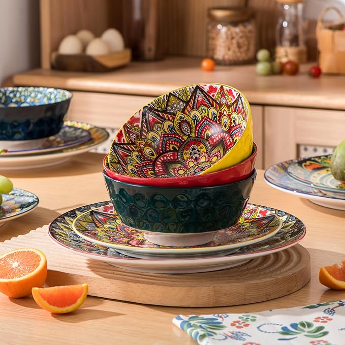 Henten Home Ceramic 12 Pieces Dinnerware Sets Bohemia Dinner Plates Soup Bowls Porcelain Dinnerware Set for 4 Microwave &amp Dishwasher Safe Scratch Resistant
