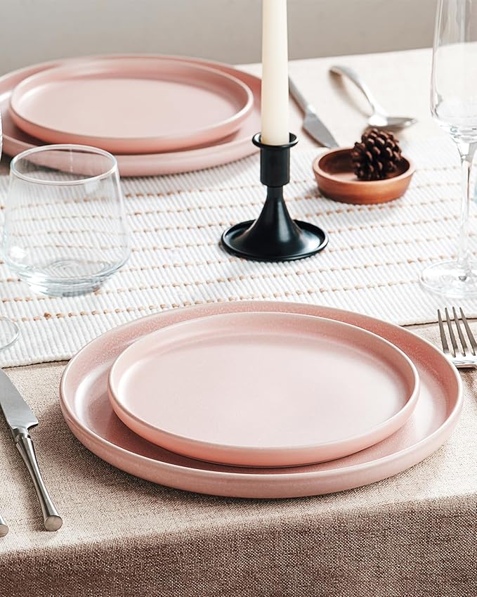 Famiware Milkyway Plates and Bowls Sets 12 Pieces Dinnerware Sets Reactive Glaze Dish Set Stoneware Dishes Set for 4 Light Pink
