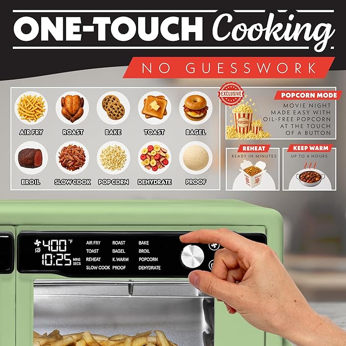 Gourmia French Door Air Fryer Oven - 37 Qt Large Capacity Convection Toaster Oven FryForce 360° Digital Display 12 Cooking Presets Dehydrate Fits 13” Pizza Dishwasher-Safe Green