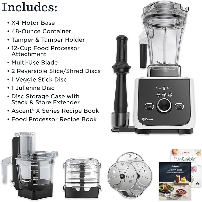Vitamix Ascent X4 Gourmet SmartPrep Kitchen System Professional-Grade Blender Stainless-Steel Blades 12-Cup Food Processor Attachment with 4 Discs 48 Oz Blender Container White