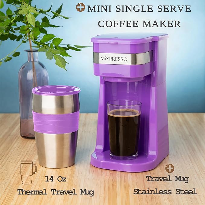Mixpresso Purple Personal Single Serve Coffee Maker with 14oz Travel Mug Drip Small Coffee Maker with Auto Shut Off Reusable Filter Works with Ground Coffee Only – Not for K-Cup Pods
