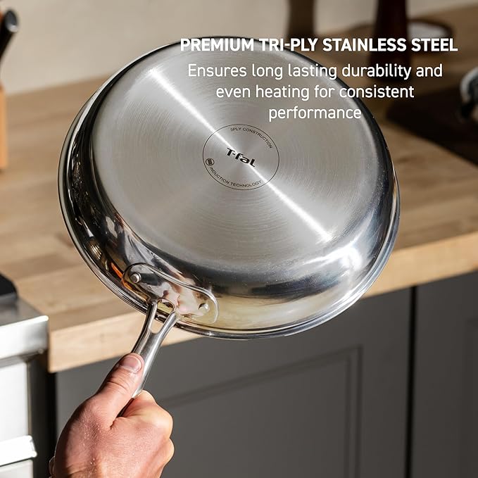 T-Fal HybridMesh Tri-Ply Stainless Steel 6 Quart Shallow Pan With Lid Induction Oven Safe 500F Metal Utensil Safe Ideal For Searing Cookware Dishwasher Safe Needs Pre-Heating Silver/Black
