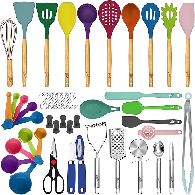 Kaluns 50 PCS Silicone Kitchen Utensils Set Complete Kitchen Set - 800°F Heat Resistant Non-Stick Premium Cooking Utensils W Wooden Handles - Can Opener Masher Turner Silicone Spatula Set