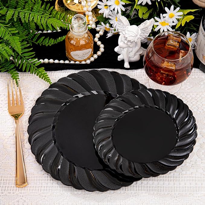 U-QE 100PCS Black Plastic Plates Heavy Duty Black Disposable Plates Including 50PCS 9inch Dinner Plates &amp 50PCS 6.5inch Dessert Plates -Hard Plastic Plates for Party Wedding Bridal Shower