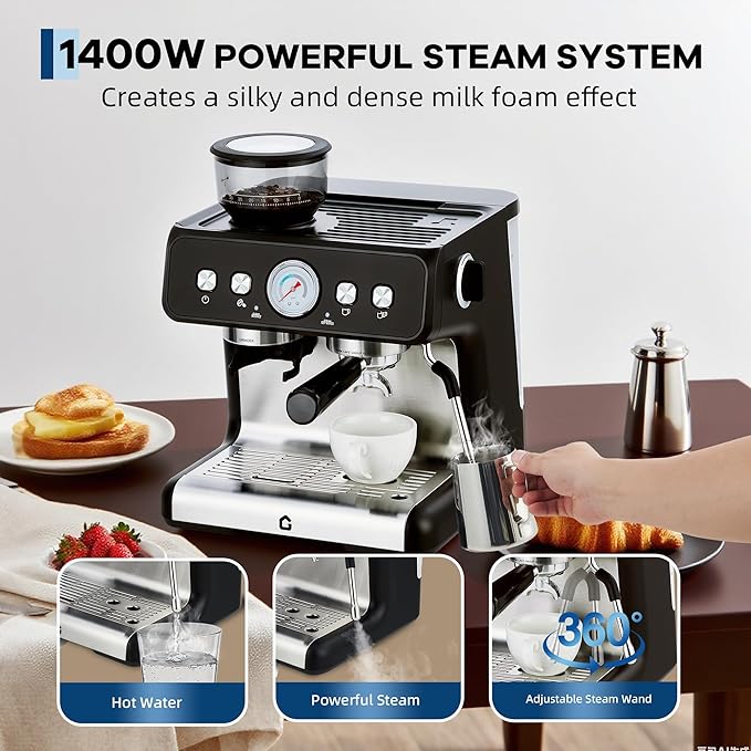 Stainless Steel Espresso Machine with Built-In Grinder 20 Bar Pressure Coffee Maker with Milk Frother Steam Wand 2.8L Removable Water Tank &amp Adjustable Shot Volume for Home or Office Use