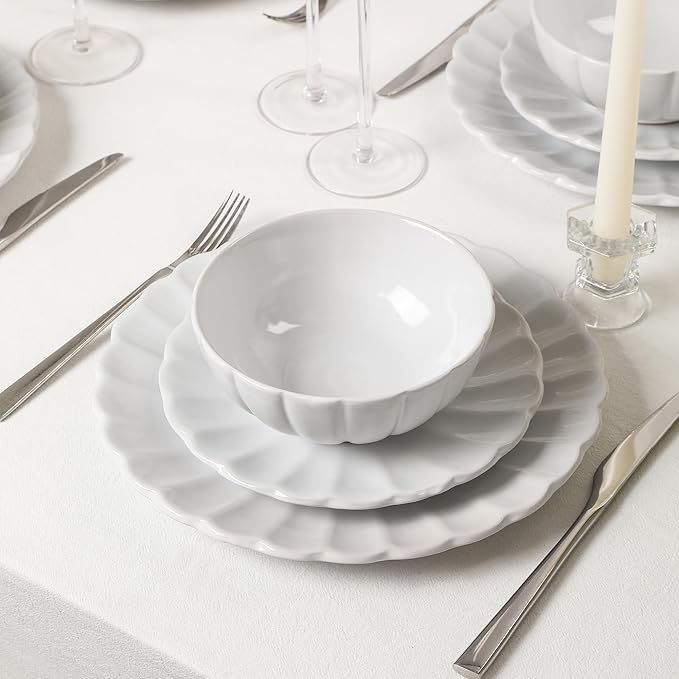 Earth &amp Clay Phoenix 12-Piece Stoneware Dinnerware Set Plates and Bowls Set Dishwasher and Microwave Safe Dish Set for 4 White