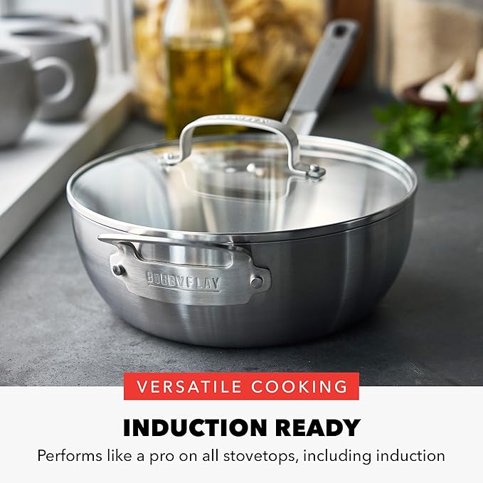 GreenPan x Bobby Flay Stainless Steel 3.75QT Saucepan &amp Glass Lid Professional Grade Tri-Ply Chefs Pan Multiclad Induction Suitable Dishwasher &amp Oven Safe Stay Cool Silicone HandleChip F