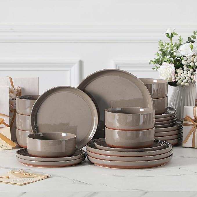 MALACASA Plates and Bowls Sets 24 Pieces Modern Ceramic Dinnerware Set for 8 Kitchen Dinner Set Stoneware Dishware Dishes Set Microwave and Dishwasher Safe Brown Series TARA
