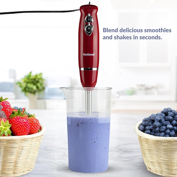 National NA-3104HB 4-in-1 Multi-Purpose Immersion Hand Blender Blend Puree Mash Chop and Whisk Two Speeds Splash Control and ETL Approved with Interchangeable Attachments (Red)