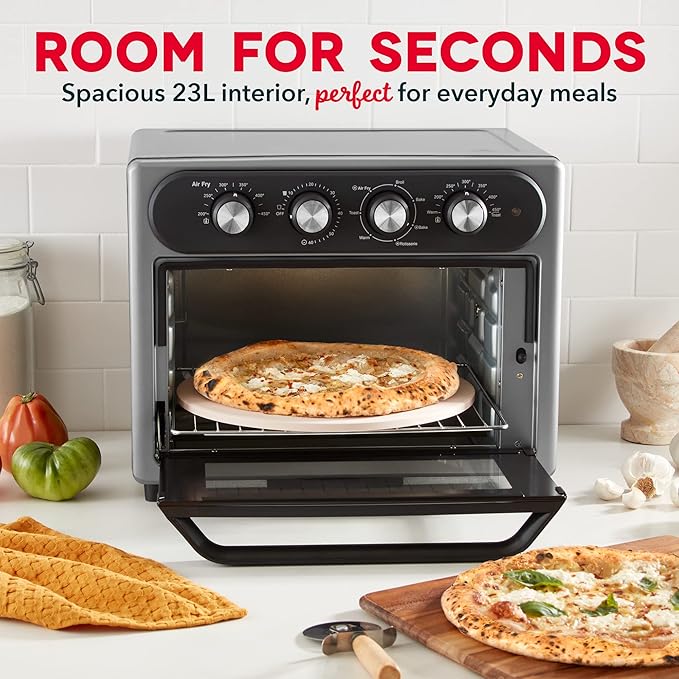 Dash Chef Series 7 in 1 Convection Toaster Oven Cooker Rotisserie + Electric Air Fryer with Non-stick Fry Basket Baking Pan &amp Rack Skewers Drip Tray &amp Recipe Book 23L Graphite