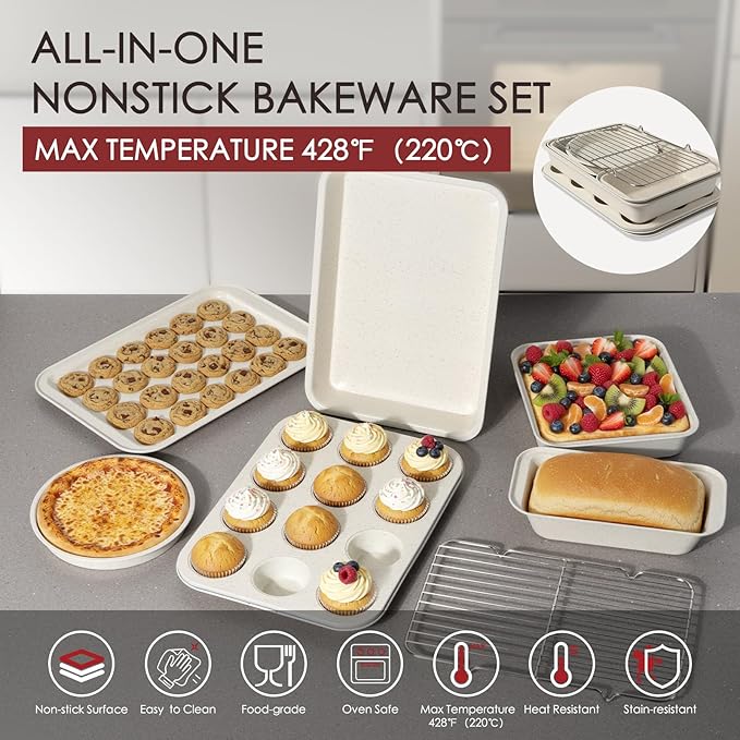 Kikcoin Pots and Pans Set Non Stick 31 Piece Kitchen Nonstick Cooking Cookware Sets with Grill Pan Saucepan Baking Sheet Utensil Cream White