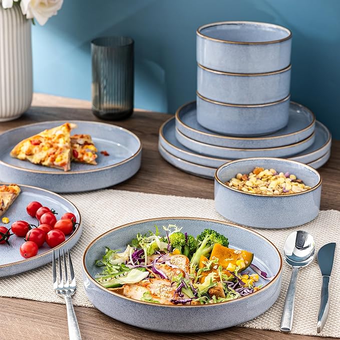GBHOME Ceramic Dinnerware Sets for 4 12 Pieces Stoneware Plates and Bowls Sets Reactive Glaze Dishes -Scratch Resistant Dishwasher&ampMicrowave Safe-Brunnera Blue