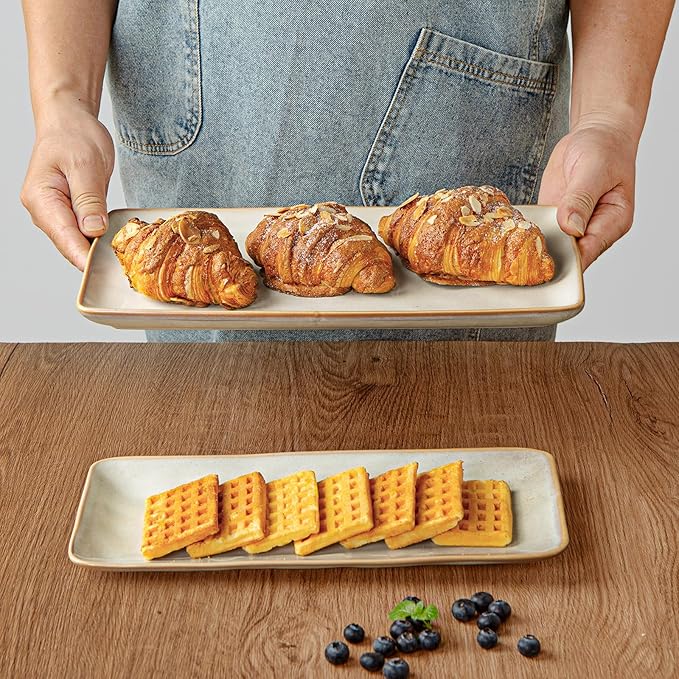 Famiware Star Plates and Bowls Sets + 3 Pcs Ocean Rectangular Serving Platter 15-Piece Dinnerware Sets for 4 Cappuccino White