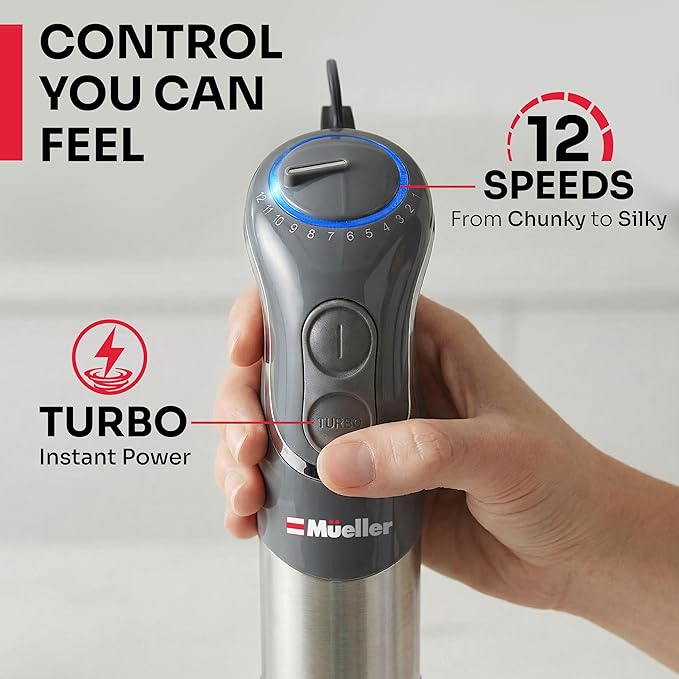 Mueller Multistick 5-in-1 Immersion Blender Handheld12 Speed Hand Mixer-Turbo BoostHeaviest Duty Copper MotorTitanium reinforced Blades Hand BlenderMilk Frother WandWhiskBeakerChopperGrey