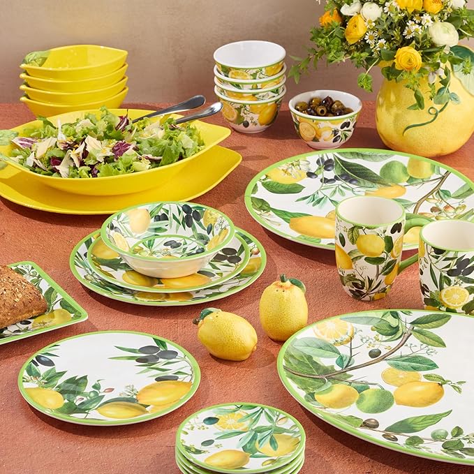 Limone 12-Piece Melamine Dinnerware Set - Citrus-Inspired Service for 4 Durable Shatterproof Dishwasher-Safe Plates and Bowls for Everyday Dining Outdoor Use and Entertaining