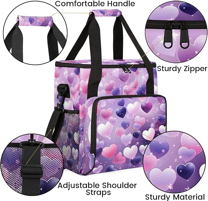 Valentine's Day Pink Purple Heart Coffee Maker Carring Bag Large Insulated Storage Organizer Case Tote Bags with Shoulder Strap for Travel Work Picnic