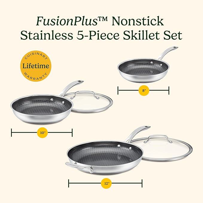 Cuisinart FusionPlus Hybrid Nonstick Stainless Steel Cookware Set 5-Piece Skillet Cooking Set with PFAS-Free PURELYSEAR Ceramic Non Stick Technology Scratch Proof Cool Grip Handles Dishwasher Safe