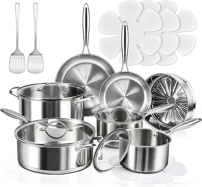 16-Piece Pots and Pans Set Tri-Ply Stainless Steel Cookware Set with Lids Non-toxic Kitchen Cooking Set Dishwasher-Friendly Induction-Ready Even Heating Heavy Duty Compatible with All Cooktops