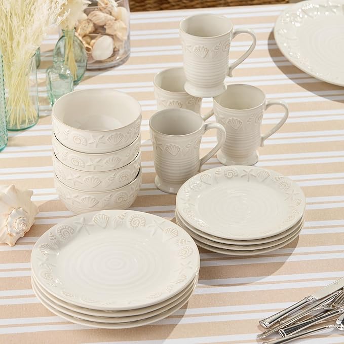 Coastline Cream 16-Piece Stoneware DINNERWARE SETSERVICE for 4 with embossed coastal shells and starfish detailing durable beach house tableware for relaxed coastal living and everyday dining