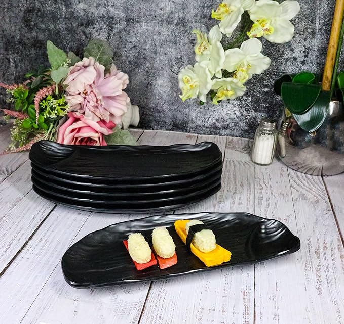 Ebros Gift Contemporary Ridged Matte Black Melamine Series Dinnerware Serveware Kitchenware Set Japanese Chinese Restaurant Supply (Pack Of 6 Half Moon Partitioned Sushi Plate Platter 11 L)