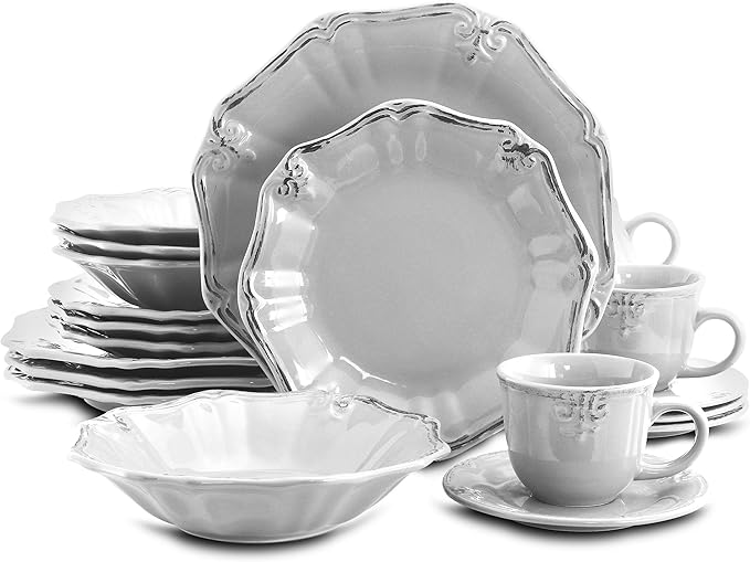 Beveled Edge 20 Piece Dinnerware Set In White Textured Casual Round Stoneware Microwave Safe