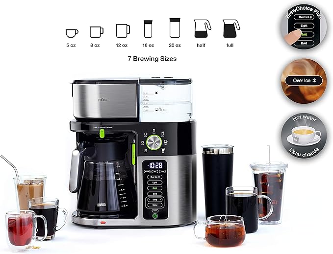 Braun MultiServe Coffee Machine 7 Programmable Brew Sizes / 3 Strengths + Iced Coffee &amp Hot Water for Tea Glass Carafe (10-Cup) Stainless/Black KF9150BK